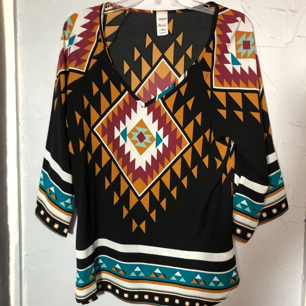 Pronto Size L Aztec 3/4" Bell Sleeve Pullover
